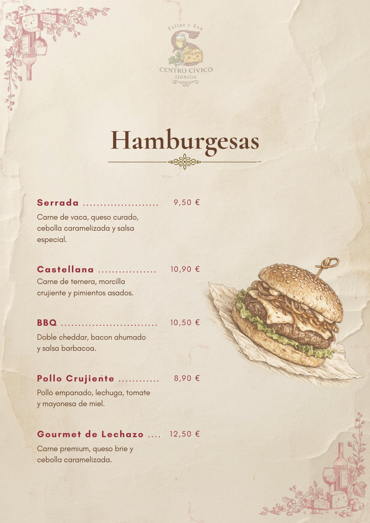 Página de hamburguesas de la carta