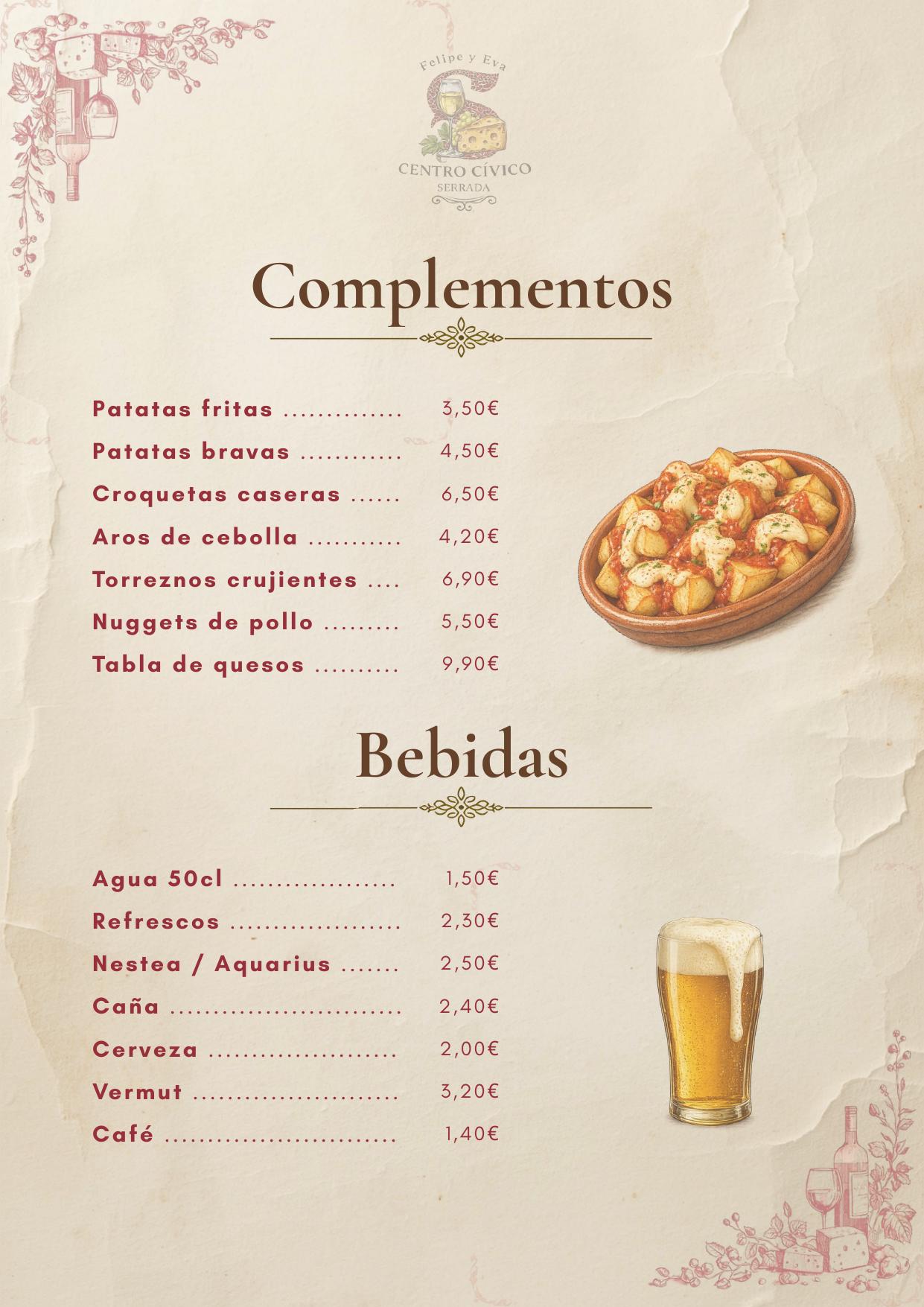 Página de complementos y bebidas de la carta