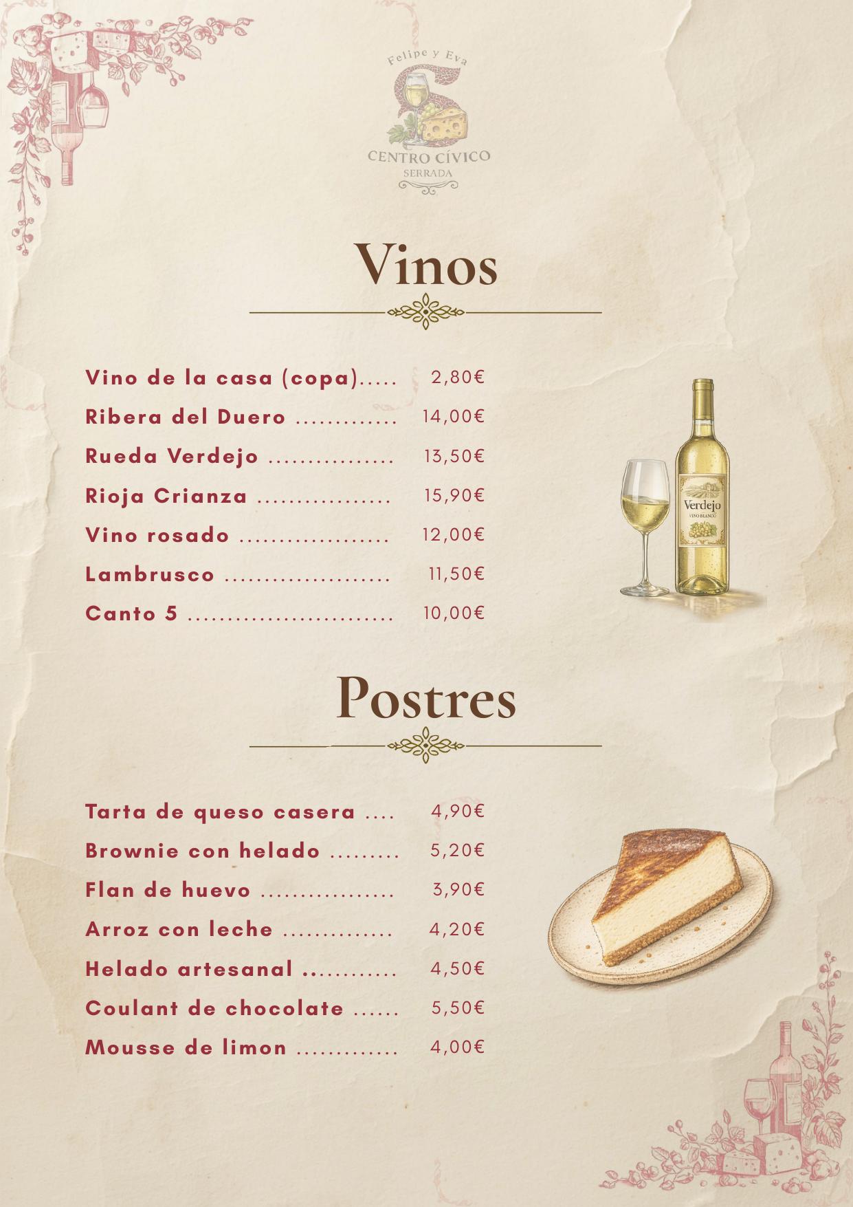 Página de vinos y postres de la carta